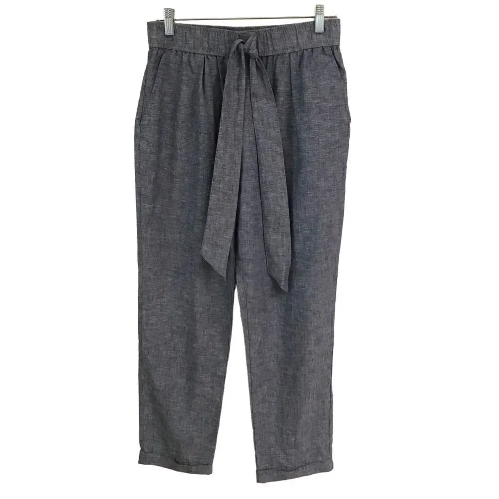 Zara chambray linen blend tie front cropped pants S‎